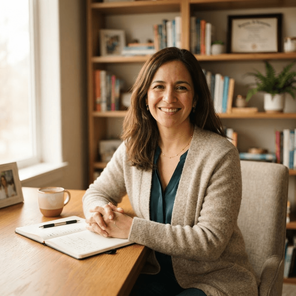 A licensed psychologist in a calm home office