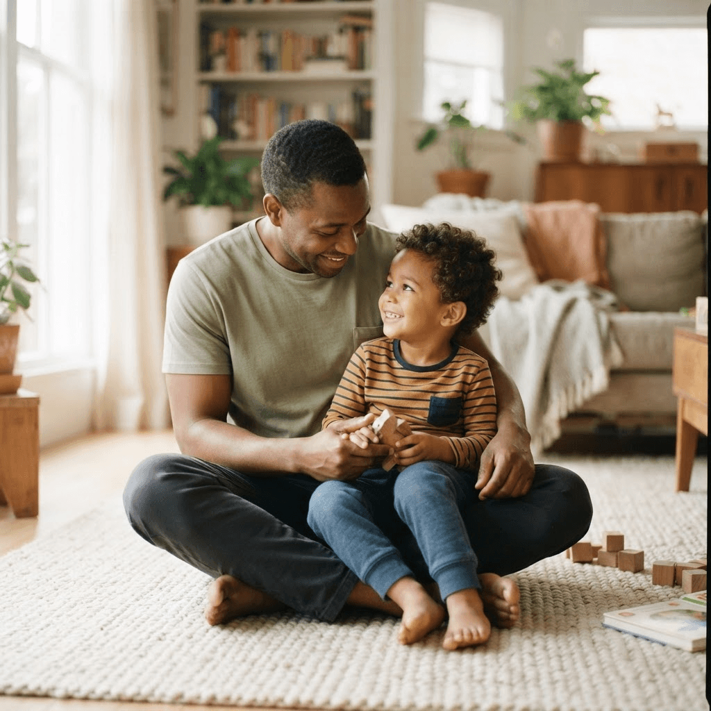 A father sitting with his young child at home during a calm moment